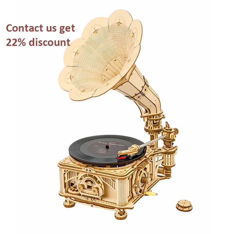 Robot ime Rokr Contact Holen Sie sich 22% Rabatt auf DIY 3D Holz puzzles LKB01 Classic Hand rotierende Grammophon Holz Handwerk