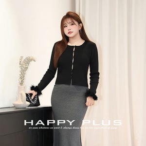 Night Paris Women's Plus Size <b>Black</b> Knit Cardigan With Fur Cuffs Solid Color Viscose Fiber <b>Long</b> <b>Sleeve</b> <b>Top</b> - Product Image 2