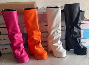 Wide Fit Overlay Shoes Women High Chunky Heel Knee High Platform <b>Boots</b> Fold Over Square Toe on Long Booties - Product Image 6