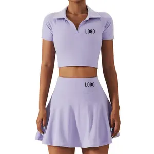 2 Piece Pickleball Wear Tennis Dress Women High Waist Pleated Crop Tennis Golf Dress With Shorts Workout Skirts Sets