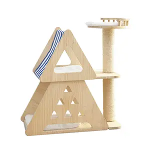2023 new design Amazon Hot Sale pet supplies Solid wood Small villa Sisal cat scratching post tree climbing frame for cat