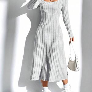 Vestidos Midi de Punto con Cuello Cuadrado y Rayas, Color Sólido, Manga Larga, para Mujer, Otoño 2024, Venta al Por Mayor, Personalizados - Product Image 3