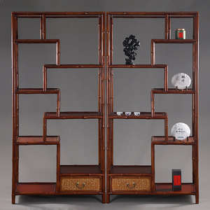 Chinese Retro Style Red Bamboo Display Shelf Big Size Tea Room Cabinet <b>Bookcase</b> <b>Solid</b> <b>Wood</b> Storage Unit - Product Image 1