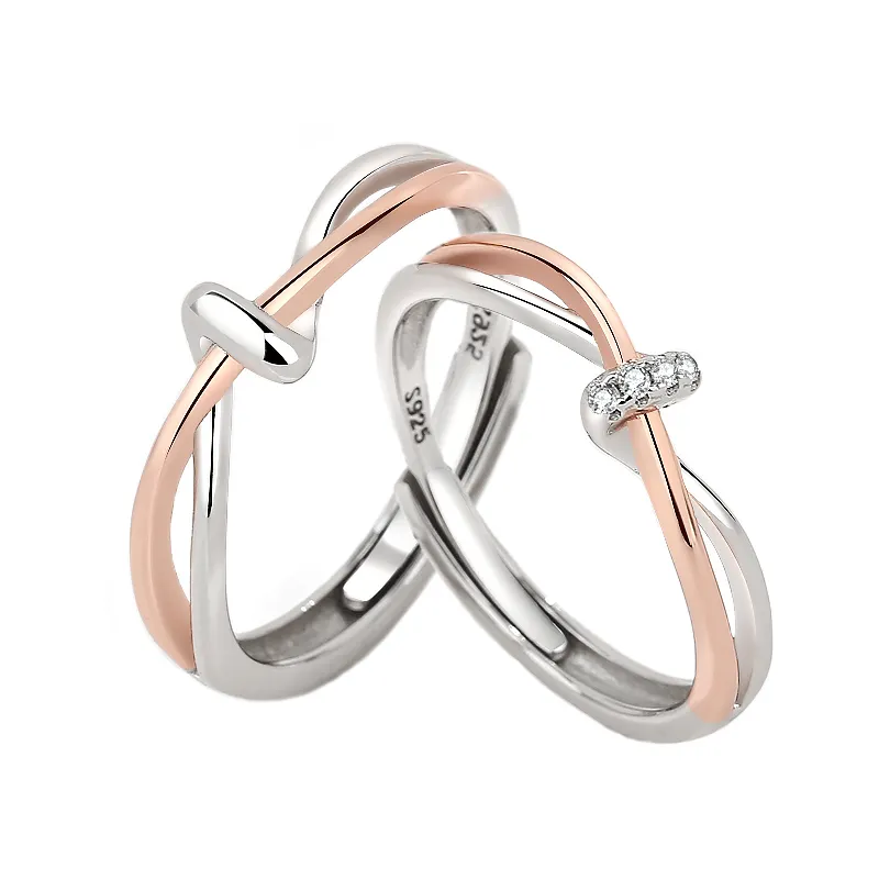 RINNTIN SR293 Perhiasan Pasangan Romantis Cincin Perak Murni 925 Buatan Tangan Cincin Kawin Cincin Berlapis Rhodium untuk Cincin Pasangan