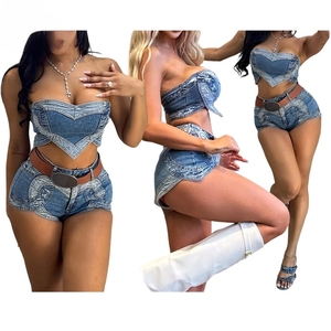 Set 2 pezzi in Denim Love Heart Patchwork donna estate senza spalline canotte irregolari senza schienale + Shorts completi <span class=keywords><strong>Jeans</strong></span> Casual - Product Image 1