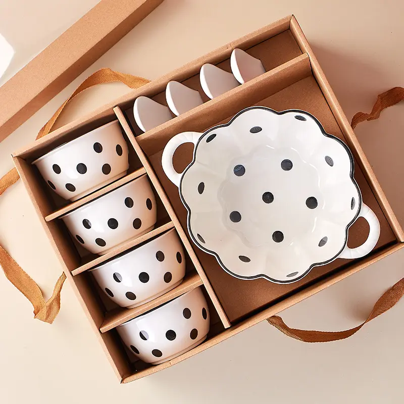 Black&White Dot Pattern Ceramic Bowl Plate Simple Premium Creative Gift Box Porcelain Soup Bowl For 4-6 Peoples Use As Gifts