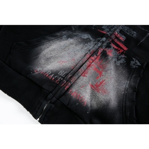 เสื้อฮู้ดดี้ผู้ชายสไตล์ฮิปฮอปแบบสบายๆ พิมพ์ลายดาว 23 ดวง รุ่นวินเทจ ล้างสีแบบแอซิด ซิปหน้า แต่งขาดๆ แบบดิสเทรส ขายส่ง - Product Image 4