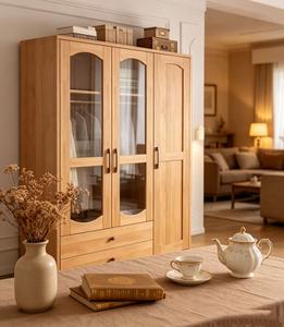 Armoire scandinave en bois avec portes vitrées, charnières, bois massif, autoportante, meubles de chambre à coucher modernes, 2 tiroirs - Product Image 1