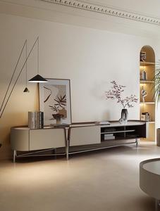 Meuble <span class=keywords><strong>TV</strong></span> et table basse en <span class=keywords><strong>bois</strong></span> avec revêtement en cuir et plateau en pierre pour salon - Product Image 2