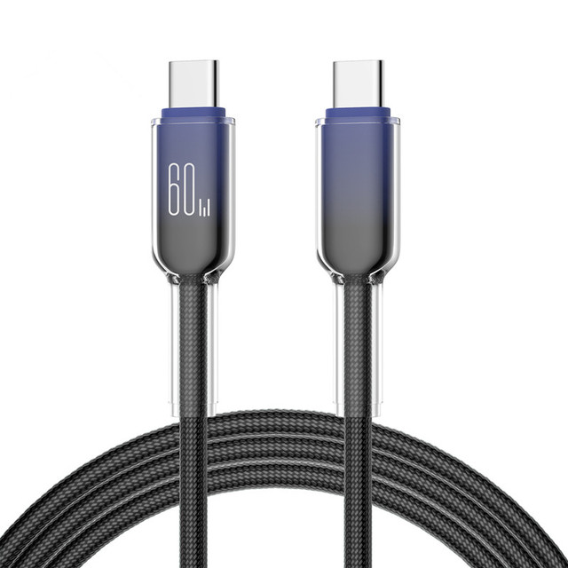 1M 2M Transparent Crystal Nylon Braided Cable Type C PD 60W C-C Fast Charging Phone Cable