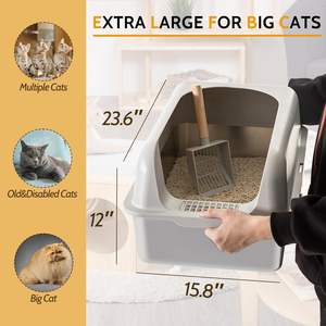 Boîte de <span class=keywords><strong>toilette</strong></span> <span class=keywords><strong>pour</strong></span> chat en acier inoxydable de grande taille semi-fermée et antidérapante avec couvercle haut et <span class=keywords><strong>marchepied</strong></span> et pelle vente en gros - Product Image 3