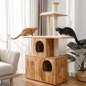 Luxo moderno <span class=keywords><strong>Cat</strong></span> <span class=keywords><strong>Tree</strong></span> Tower Wood Pet House com Climb Frame Litter Box Contemporâneo Animal Padrão <span class=keywords><strong>Scratcher</strong></span> Casa para Gatos - Product Image 6