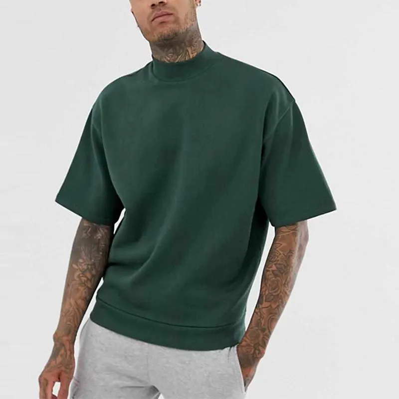 Custom Luxury Shirt Men Oversized T-Shirt Cotton Army Green Turtle Neck Dropped Shoulder Sleeves Custom T-Shirt For Men Stylish