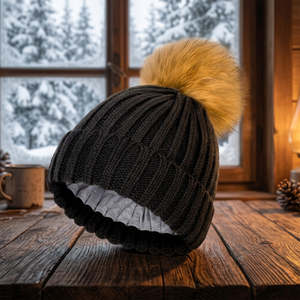 Bonnet en tricot noir unisexe avec pompon en fourrure, chapeau d'hiver pour usage extérieur et décontracté, adulte 56-58CM - Product Image 3
