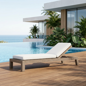 Tumbona Moderna de Teca con Cojín de Poliéster Blanco, Respaldo Sólido Ajustable e Inclinable, Muebles de Patio para Exteriores - Product Image 1