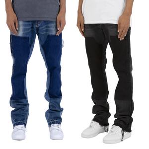 Fashion Designer Style <b>Men's</b> Clothing OEM Contrast Panel Stone Wash Raw Hem Baggy <b>Work</b> Flare Denim <b>Jeans</b> - Product Image 1