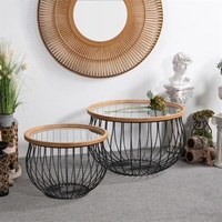 Table basse en bois avec plateau en verre, style farmhouse, structure métallique artisanale et durable, facile à assembler, meubles de salon