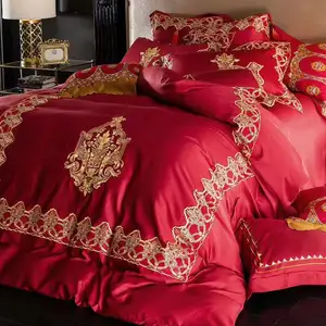 Set Tempat Tidur, Kamar Tidur Ukuran King Mewah 100% Katun Merah Pengantin Pernikahan Bordir Set Tempat Tidur