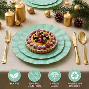Platos Redondos Desechables de Plástico PS Ecológicos Personalizados con Borde Dorado, Colores Personalizados, Cantidad de Empaque al por Mayor para Bodas - Product Image 2