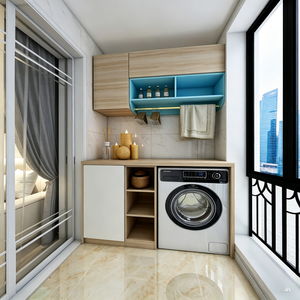 Meuble de balcon encastré BALOM bleu marine sur mesure avec poignées en laiton, étagères ouvertes et <span class=keywords><strong>machine</strong></span> <span class=keywords><strong>à</strong></span> <span class=keywords><strong>laver</strong></span> intégrée - Product Image 4