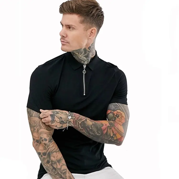 OEM özel Logo nakış erkekler kısa kollu düz % 100% pamuklu Polo T shirt fermuarlı