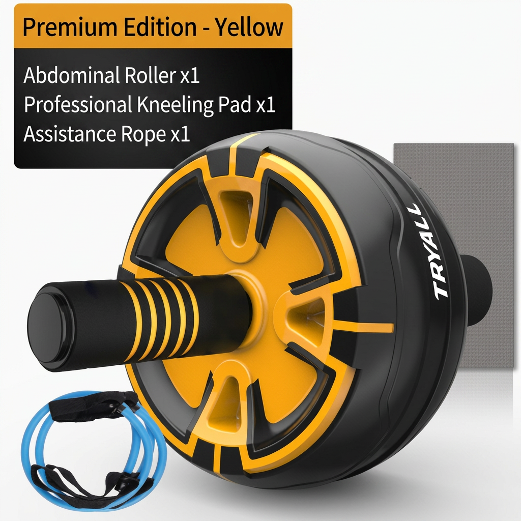 Rueda abdominal premium negra y amarilla + cuerda auxiliar