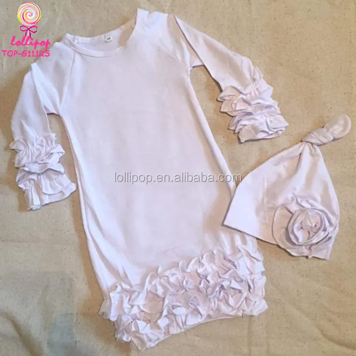 Solid Putih Kosong Piyama Anak Katun Lembut Bayi Baru Lahir Layette Gaun Malam Icing Ruffle Raglan Bayi Gaun dan Atas Simpul Topi Set