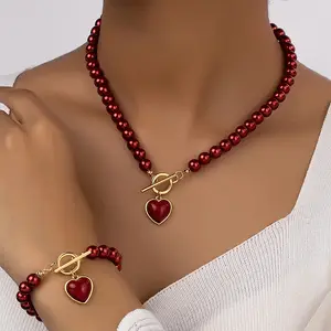 Red Fresh Pearl Set Necklace and Bracelet Bridal Natural freshwater pearl Necklace Bracelet Set for Women