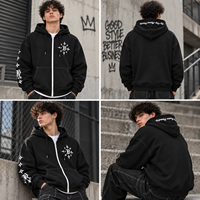 Sweat à capuche zippé brodé sur mesure pour homme, 380 GSM, fermeture éclair contrastante, coupe ample et carrée, OEM, faible MOQ
