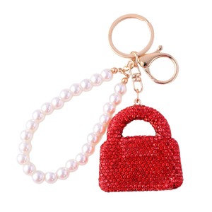 New Bling Metal Rhinestones Keychain Mini Crystal Bag Shape Key Ring with Pearl Delicate Pendant Charms Car KeyRing Accessories