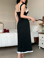 Robe longue moulante noire pour femme, nouvelle collection, avec volants contrastants blancs, fente haute, en maille de soie de lait, style décontracté, best-seller