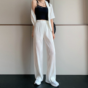 <span class=keywords><strong>Pantaloni</strong></span> lunghi casuali delle ragazze dei <span class=keywords><strong>pantaloni</strong></span> diritti allentati pieghettati Moire a vita alta elastici della vita delle donne all'ingrosso 2022 - Product Image 3