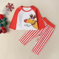 아이 소년 소녀 크리스마스 옷 세트 신년 아기 소년 소녀 긴 소매 크리스마스 사슴 줄무늬 티셔츠 빨간 바지 2pcs 복장 뜨거운