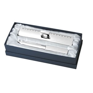 Set da scrivania di lusso con aprilettere e righello in metallo argentato, confezionato in scatola regalo, set di cancelleria per casa o ufficio. - Product Image 1