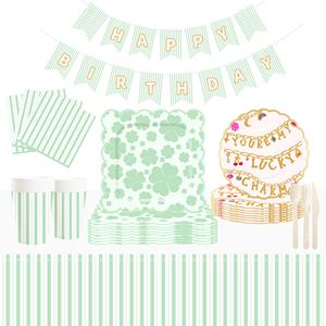 DAMAI Happy Birthday Theme Party Supplies <b>Disposable</b> Paper Plates Napkins Green with Flower Hot Gold Stamping Tableware Set - Product Image 1