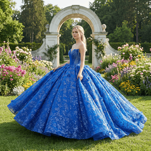 <b>Blue</b> Princess Lace Crystal <b>Ball</b> <b>Gown</b> Quinceanera Party Dresses Sweetheart Neck Chapel Train Appliques Beads Embroidery 3D - Product Image 1