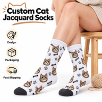Chaussettes mi-mollet unisexes en jacquard motif chat et poisson, motif animalier complet, en coton doux, pour adultes, personnalisables