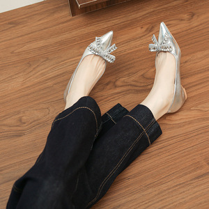 Elegant Pointed Toe <b>Flats</b> Patent Leather Rhinestone Decor Slip-On Women's Shoes All Seasons Height Increasing - Product Image 1