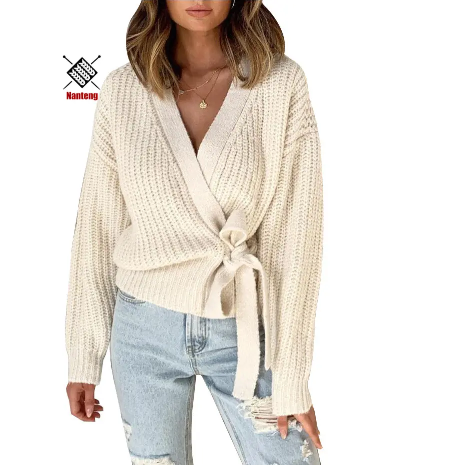 Suéter de algodón para mujeres coreanas, nuevo diseño personalizado, de invierno, con cordones, Color sólido, otoño