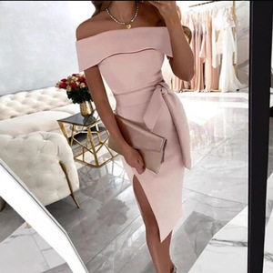 <span class=keywords><strong>ชุด</strong></span>เดรสคอเรือสีพื้นผูกเชือกแบบมีรอยผ่าสำหรับฤดูร้อน - Product Image 1