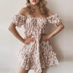girls cottagecore floral ruffle bohemian skirt 2021 ins hot sale puff sleeve chiffon flower girl dress