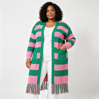 Cardigan long en tricot rayé bohème pour femmes grandes tailles, ouvert sur le devant, avec franges et poches
