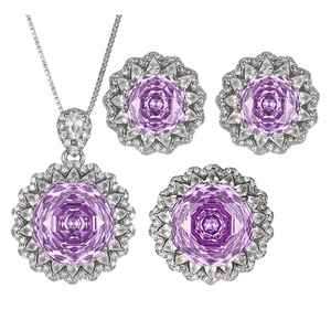 Parures de bijoux de mariage écologiques en cuivre pour femmes, avec fleurs, zircone cubique taille rose violette 14-10mm, pour mariée et banquet - Product Image 1