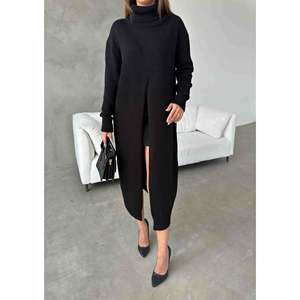 Vestido de punto con cuello de pescador negro S, casual, de manga larga, con cuello alto y abertura lateral para mujer - Product Image 5