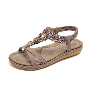 Beige T-Strap Flat <b>Sandals</b> With Beaded Decoration Open Toe Slip-On Women's Summer Shoes Microfiber Leather Rubber Outsole - Product Image 3