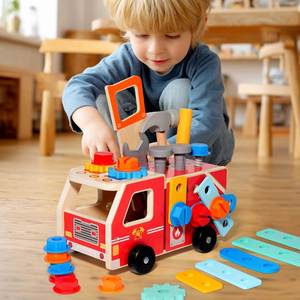 Wood Gift Kid-Safe Puzzle Shape Sorting <b>Tools</b> Take-Apart Stem Vehicle Wooden <b>Fire</b> Truck Toy - Product Image 4