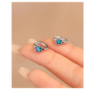 S925 Sterling <b>Silver</b> Dainty Blue Star Cubic Zirconia <b>Huggie</b> Hoop <b>Earrings</b> For Women Trendy Celestial Minimalist Fine Jewelry - Product Image 3