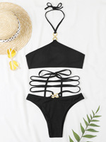 Noir Sexy string Bikini ensemble côté licou maillot de bain dames réglable Bandage Style brésilien maillots de bain femmes vêtements de plage