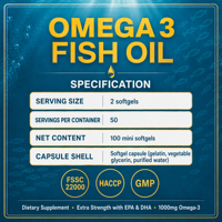 Huile de poisson Oméga-3 1000mg Gélules molles EPA 645mg DHA 310mg Mini Gélules molles Complément alimentaire 100 unités OEM ODM Marque privée