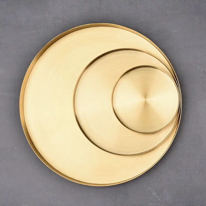 Özel orta boy küçük metal paslanmaz çelik altın yuvarlak şekil disk plakası yemek servis tepsisi